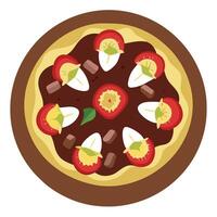 A dessert pizza topped with Nutella. strawberries. and bananas. almost too pretty to eat but too tem vector