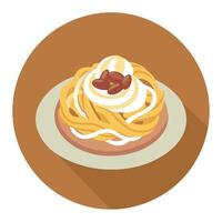 Fettuccine Carbonara in a plate. Pasta with carbonara sauce and bacon. Brown background. side view. vector