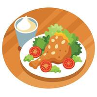Crispy chicken and garden salad with shredded cheese. ripe tomatoes. and creamy dressing on a rustic vector