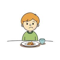 A kid refusing to eat breakfast looking unhappy with a little bit of food on the plate vector