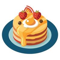 Delicious breakfast featuring fluffy pancakes topped with berries. bacon. scrambled eggs. and a driz vector