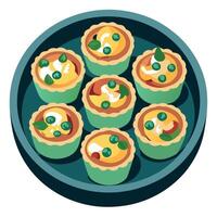 Closeup of a tray of mini paleo quiches. made with a grainfree crust and filled with spinach. mushro vector