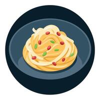 Close-up of creamy carbonara pasta garnished with parsley and bacon on a dark plate with a warm. blu vector