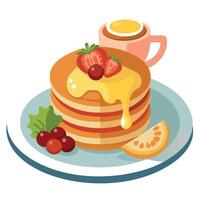 Delicious breakfast featuring fluffy pancakes topped with syrup. fresh fruit. bacon. and scrambled e vector