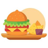 A hamburger with cheese and onions on a bun sits on a wooden table next to a plate of nachos vector