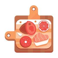 Flat lay of various sliced meat products on a cutting board. displayed on a table with room for text vector