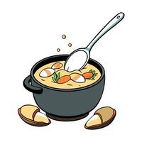 Ladle pouring thick creamy clam chowder with clams potatoes and bacon into rustic bread bowl vector