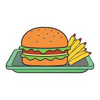A juicy cheeseburger with lettuce. tomato. and pickles. served with a side of crispy fries on a tray vector