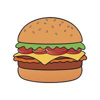 Beef Burger. Hamburger or Beefburger with Bacon. Fried Onions. Tomato Sauce. Pickled Cucumbers vector