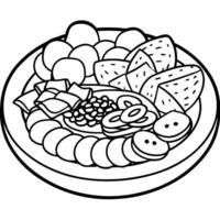 A platter of charcuterie featuring cured meats. sliced prosciutto. salami. and a selection of olives vector