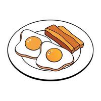 A close view of a plate of food with sunny-side-up eggs. bacon. and toast on a white ceramic plate. vector