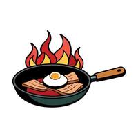 A frying pan with eggs and bacon over an open campfire against a backdrop of flames and smoke vector