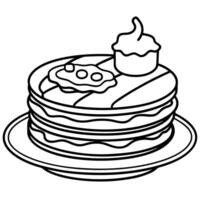 A stack of buckwheat flour pancakes served with a side of crispy bacon and eggs sunny side up. vector