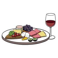 Antipasto platter with prosciutto salami cheese nuts olives and rose wine With space for text vector