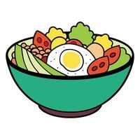 A hearty Cobb salad featuring rows of bacon. eggs. avocado. chicken. and blue cheese crumbles vector