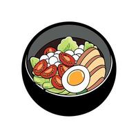 Cobb salad with chicken avocado tomatoes eggs bacon and cheese with sauce on a black table top view vector