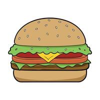 A Cheeseburger with beef. lettuce. tomato. onion and cheese. Cucumber with wooden background vector