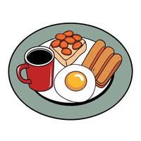 Full English breakfast on a plate with fried eggs. sausages. bacon. beans. toasts and coffee vector