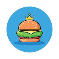 A burger with beef. lettuce. tomato. onion and cheese. Cucumber with blue background and crown vector