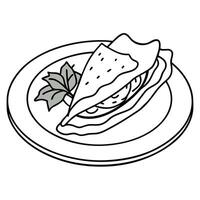 A plate with a folded crepe or pancake filled with ham and cheese. garnished with a green leaf vector