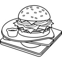 A bacon cheeseburger on a sesame seed bun with a side of ketchup. arranged on a cutting board vector