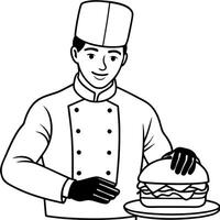 Chef wearing black gloves preparing a burger lying flat on a black background with copy space vector