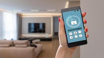 Mobile phone with app smarthome intelligent house automation remote control technology concept photo