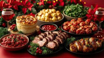 A luxurious Christmas feast with an array of festive dishes, including roasted meats, vegetables, and sauces, set against a backdrop of red poinsettias. photo