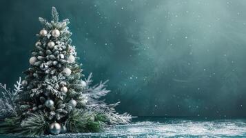 Snow-covered Christmas tree adorned with silver and white baubles, set against a teal background with falling snowflakes. photo