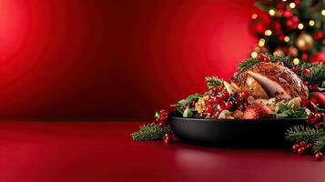 A beautifully roasted turkey garnished with fresh herbs and cranberries is presented on a black plate against a vibrant red background. photo