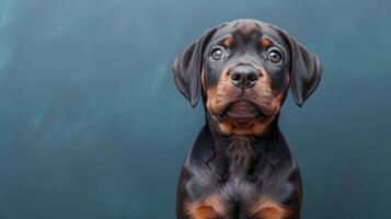 Sweet Rottweiler puppy against a blue background, showcasing its curious expression and adorable features. photo