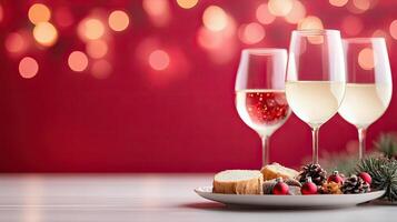 A cozy Christmas setting with wine glasses, festive treats, and pinecone decorations, all set against a warm red backdrop with twinkling lights. photo