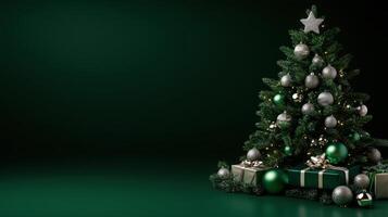 Elegant Christmas tree with silver and green ornaments, gifts wrapped in green and gold, set against a dark green background. photo