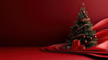 A festive Christmas tree with red and gold decorations is elegantly surrounded by flowing red fabric, highlighting the holiday ambiance. photo