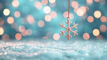 A sparkling snowflake ornament hanging against a backdrop of teal and warm bokeh lights, capturing the essence of a winter holiday. photo