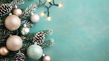 A close-up of a frosted Christmas tree with pinecones and elegant silver ornaments, illuminated by soft, warm lights against a teal background. photo