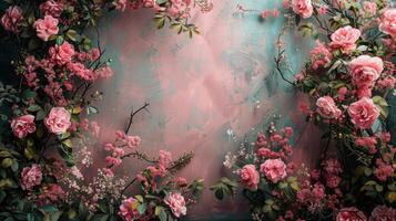 Lush arrangement of pink roses and greenery against a textured, artistic background, creating a romantic and elegant floral display. photo