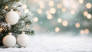 Snow-covered Christmas tree branch with white and gold baubles, set against a softly lit, festive background. photo