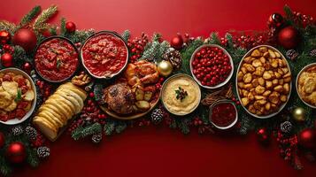 A lavish Christmas feast featuring an array of holiday dishes surrounded by festive decorations, creating a warm and inviting holiday table. photo