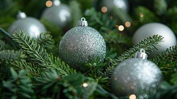 Sparkling silver baubles resting on green pine branches, with soft bokeh lights in the background, creating a festive ambiance. photo