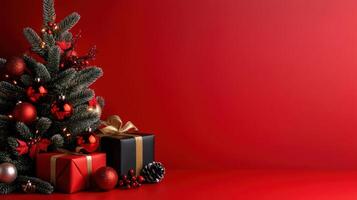 A Christmas tree decorated with red baubles and festive accents is set against a deep red background, surrounded by elegantly wrapped presents and pinecones photo