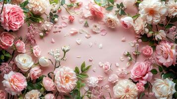 Elegant floral arrangement with soft pink and white roses on a pastel background, creating a delicate and romantic scene. photo