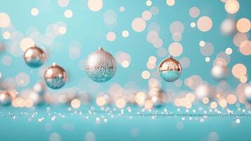 Shiny Christmas ornaments, including silver and gold baubles, suspended in mid-air with a teal background and bokeh lights for a festive, holiday vibe. photo