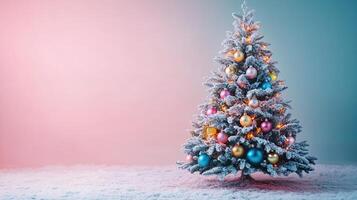 A snow-covered Christmas tree adorned with colorful ornaments stands against a pastel pink and blue gradient background, evoking a winter wonderland. photo