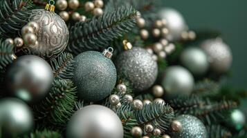 Detailed view of silver and green Christmas baubles with pearl accents on lush green pine branches. photo