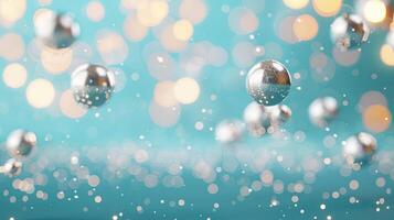 A collection of metallic spheres floating against a soft teal background with sparkling bokeh lights, creating a festive, magical atmosphere. photo