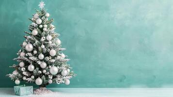 A frosted Christmas tree with silver ornaments is set against a teal backdrop, with a wrapped gift at its base, evoking a tranquil holiday spirit. photo