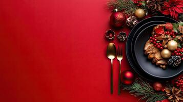 An elegant holiday place setting with black dinnerware, golden cutlery, and festive decorations of pinecones, berries, and red ornaments on a red backdrop. photo