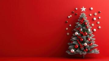 A minimalist Christmas tree embellished with red and white ornaments, standing against a bold red wall, with snowflakes and baubles artistically scattered around photo