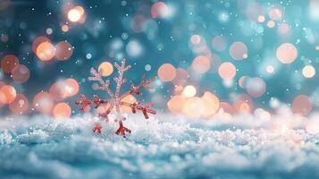 A red and white glitter snowflake ornament standing in a snowy setting with teal and warm bokeh lights in the background, evoking a festive holiday atmosphere. photo